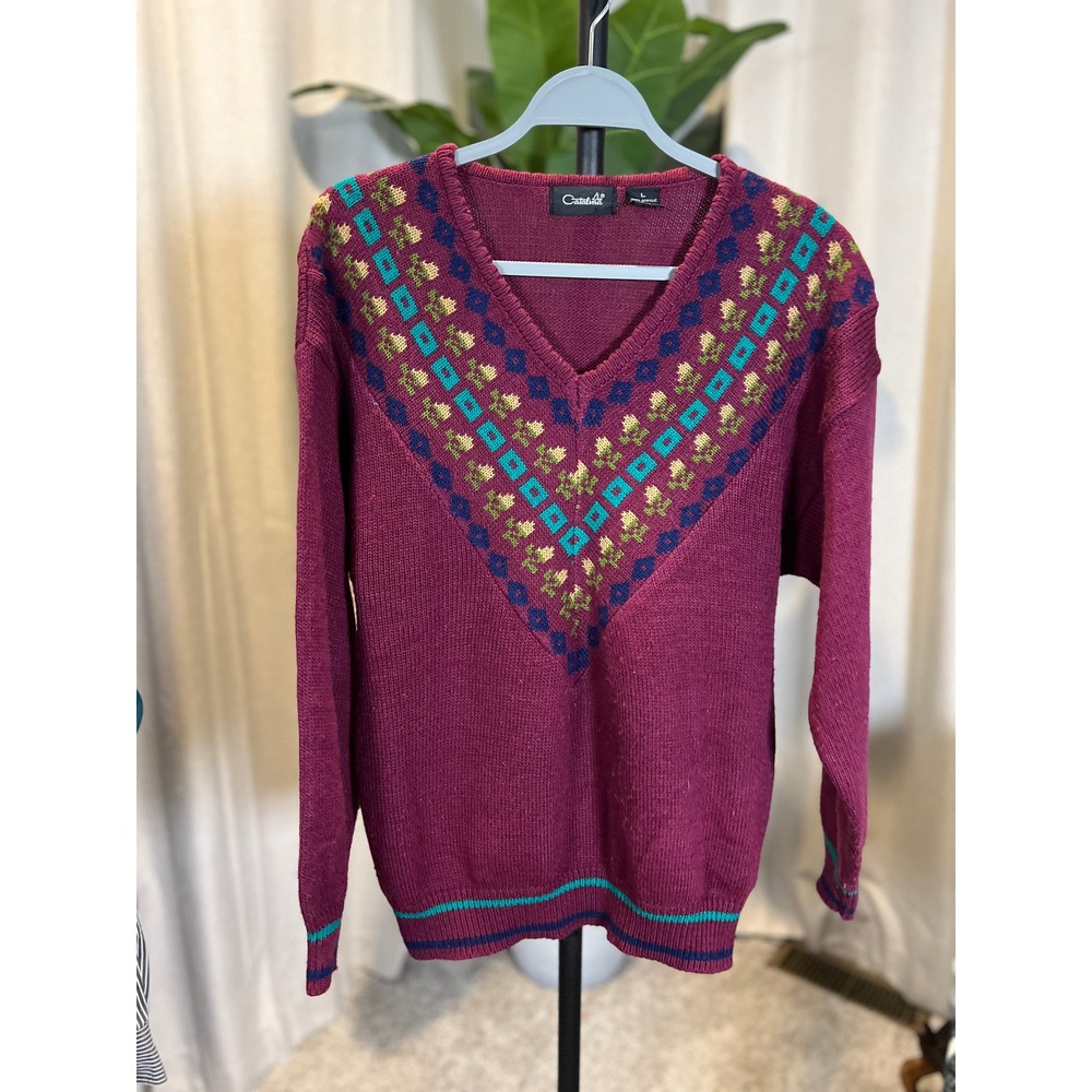 Vintage Catalina Magenta V-Neck Sweater Geometric Intarsia Knit Large